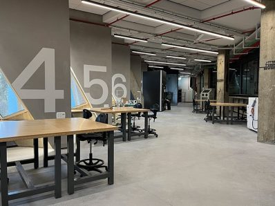 Workplace with desks and numbers on the walls